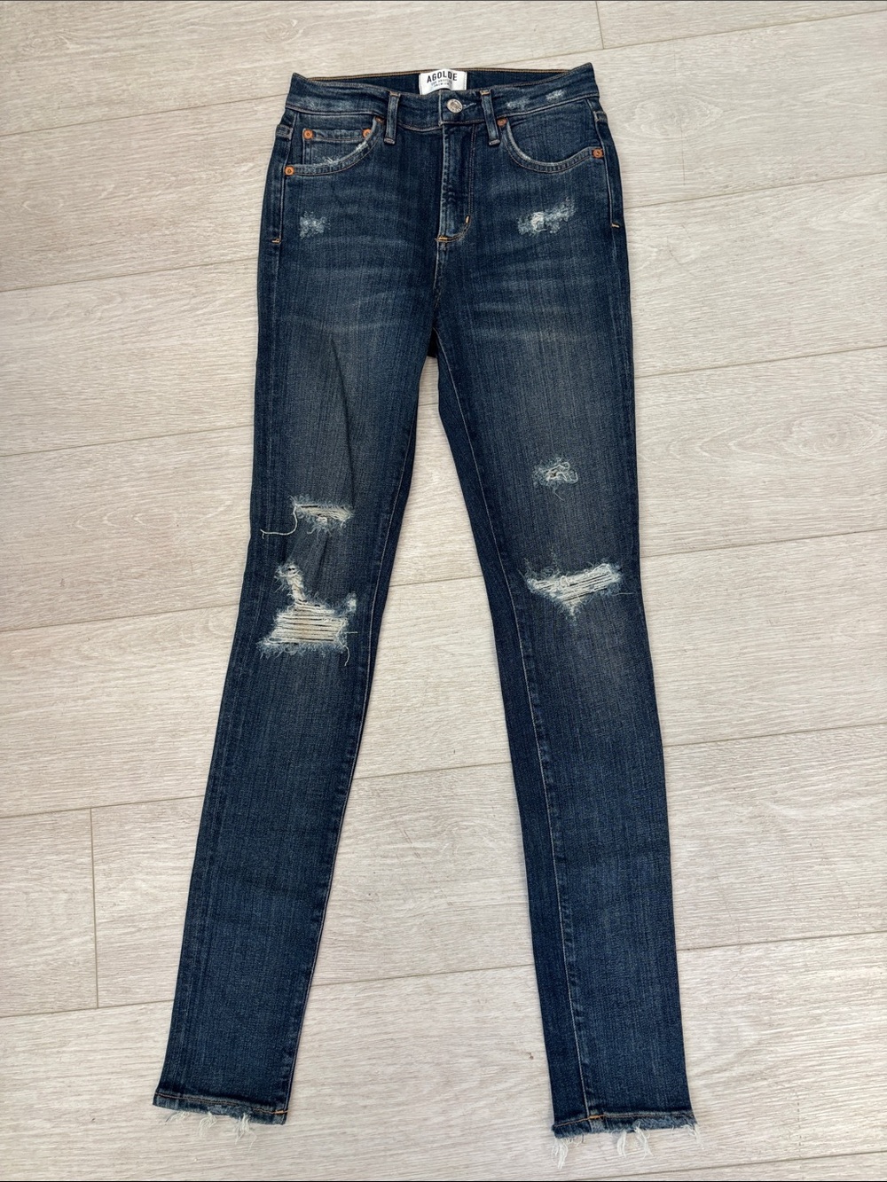 AGOLDE Sophie High Rise Skinny Jeans Dark Wash Distressed Raw Hem Stretch sz‎ 25
